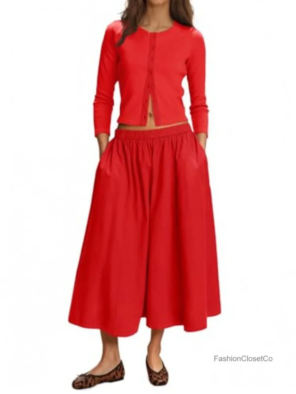 Women's 2 Piece Skirt Set 3/4 Sleeve Knit Cardigan Elastic Waist Midi Skirt